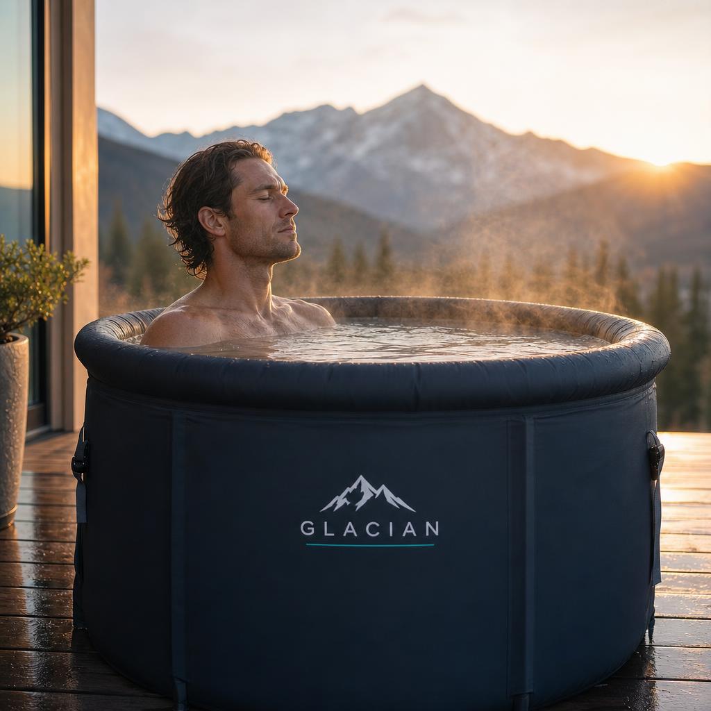 Athlete in Glacian cold plunge tub outdoors